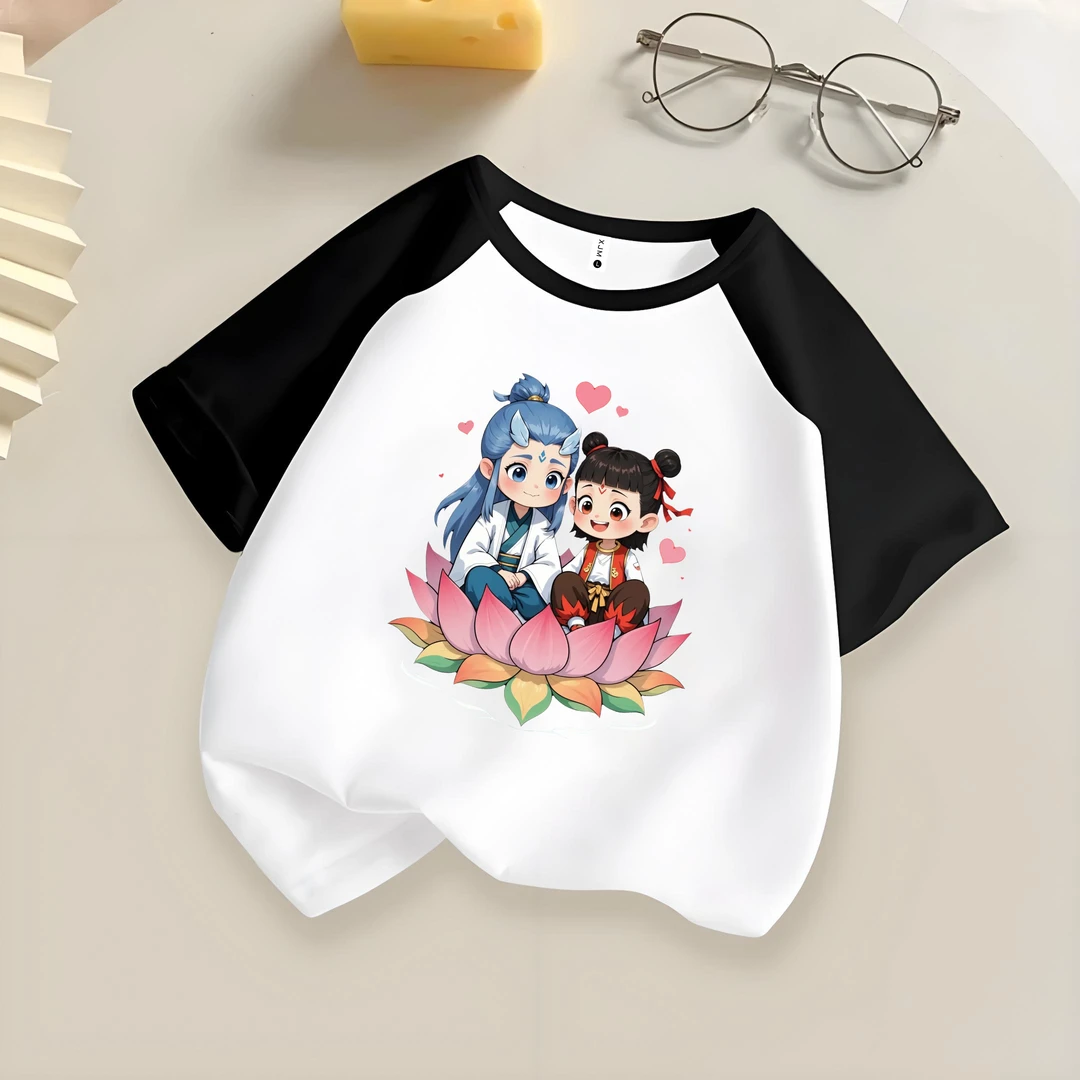 莲花哪吒敖丙 趣味文字喜居麦圆领百搭纯棉短袖儿童出游夏季ins