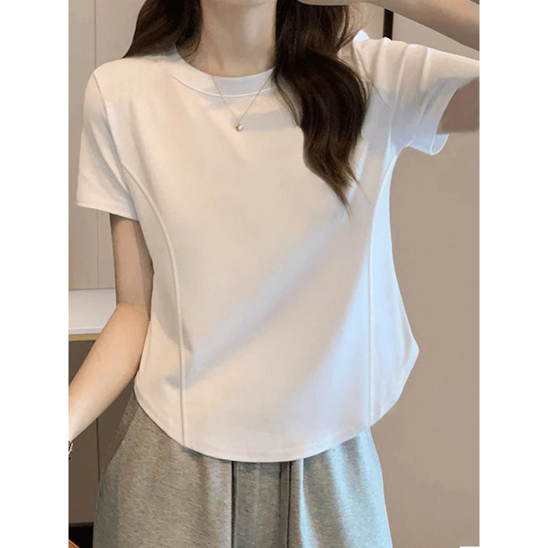 设计感鱼骨线显瘦弧形下摆纯棉短袖T恤新款夏季独特别致上衣女装