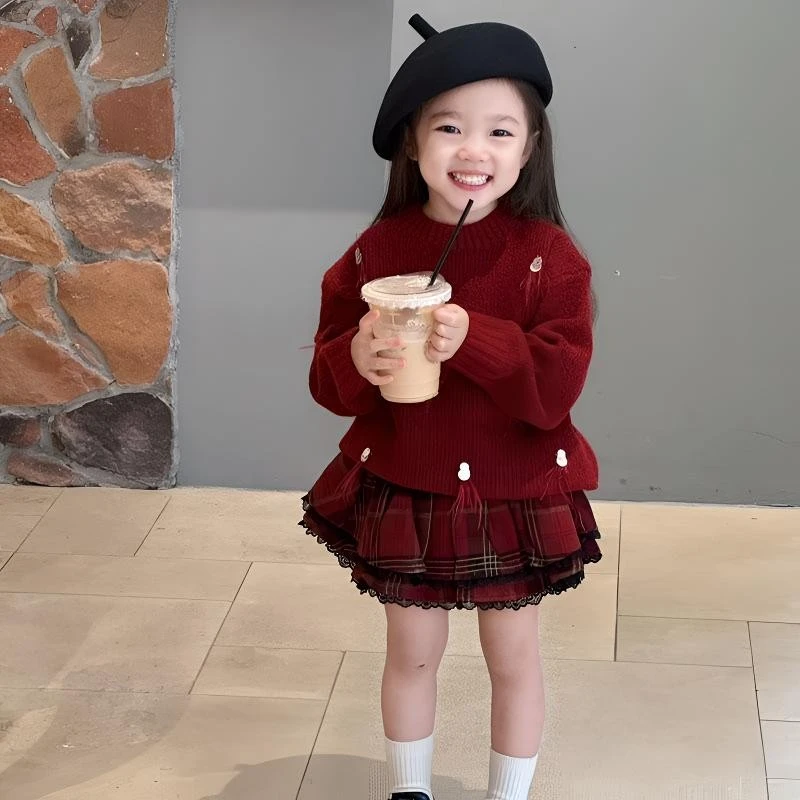 新年衣服童装女童红色新年套装秋冬洋气女孩毛衣针织衫半裙两件套