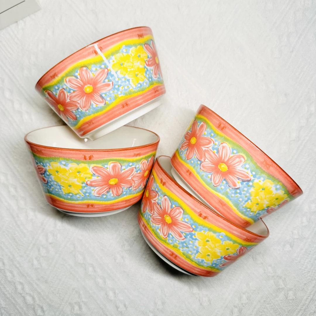 【4个】新款手绘樱花雪月大肚碗米饭碗家用吃饭喝汤高颜值加厚餐具