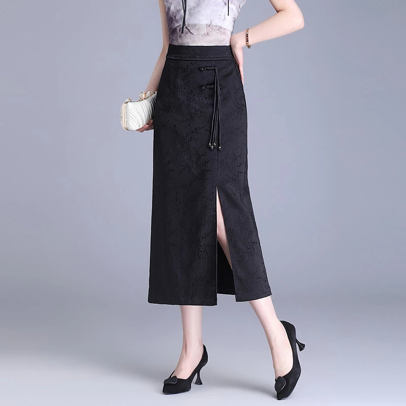 复古国风提花刺绣半身裙女夏季新款高腰包臀裙中长直筒开叉一步裙