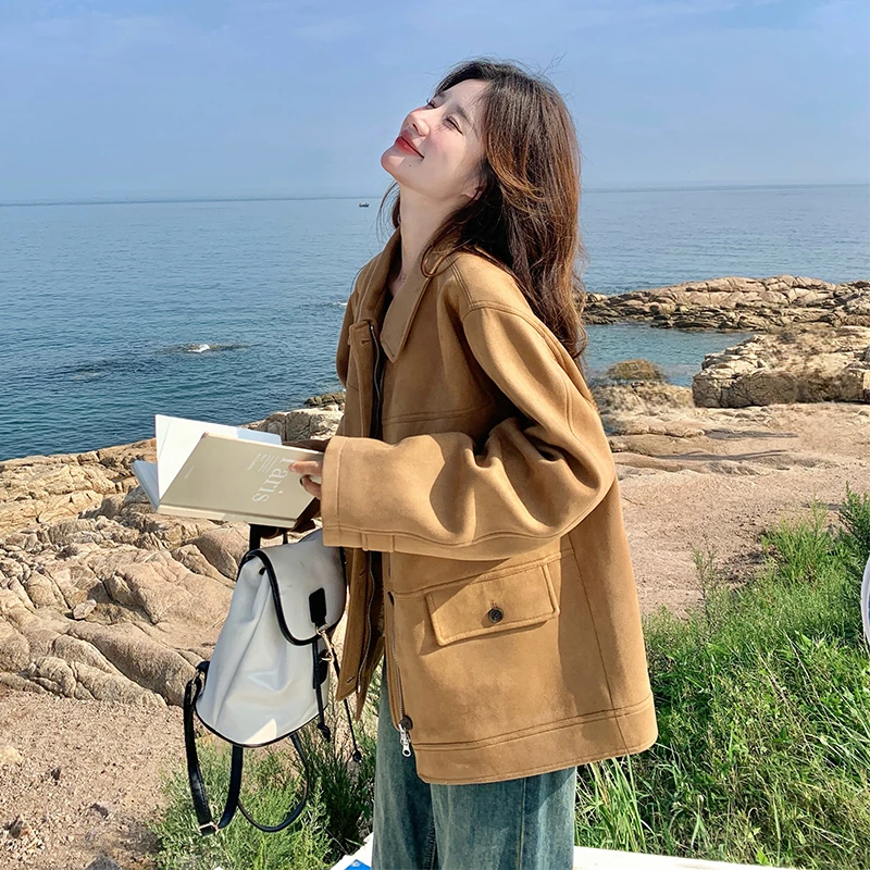 复古麂皮夹克小个子女春秋美式宽松翻领休闲时尚百搭显瘦外套上衣