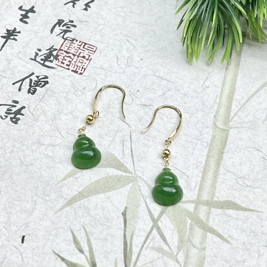 YJX99和田玉碧玉葫芦18k金镶耳坠10*12mm+多样性发其一对