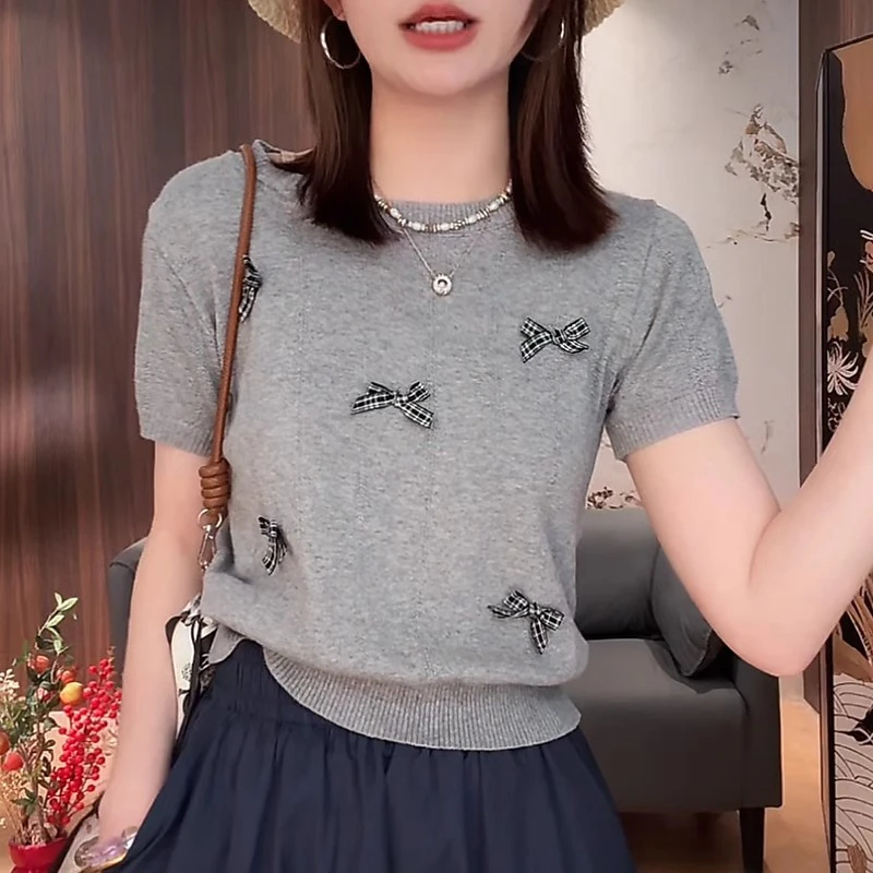 复古蝴蝶结短袖毛针织衫女2025夏季独特时尚百搭气质修身显瘦上衣