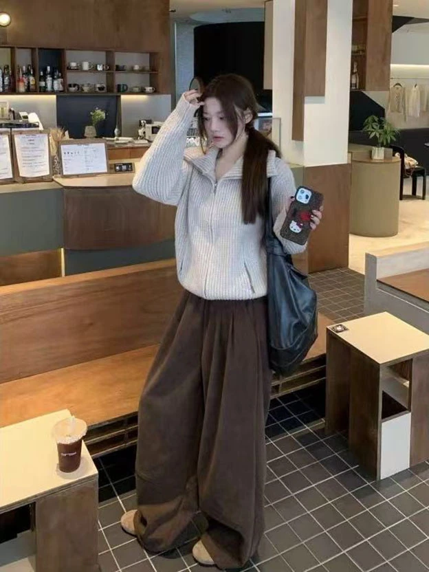 秋季大码加厚保暖复古风休闲裤立体掐褶垂感百搭直筒阔腿裤490531