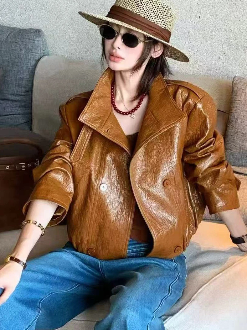 皮衣外套女欧货2025年秋季新款翻领双排扣褶皱设计感PU皮夹克上衣