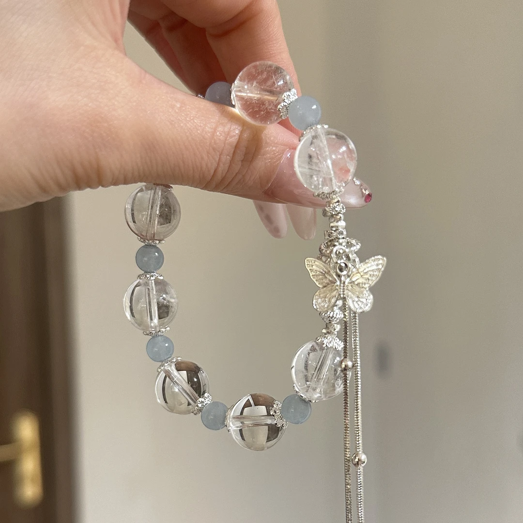 tx1175-[海鸟和鱼]白阿塞碎冰冰海蓝宝蝴蝶流苏手串