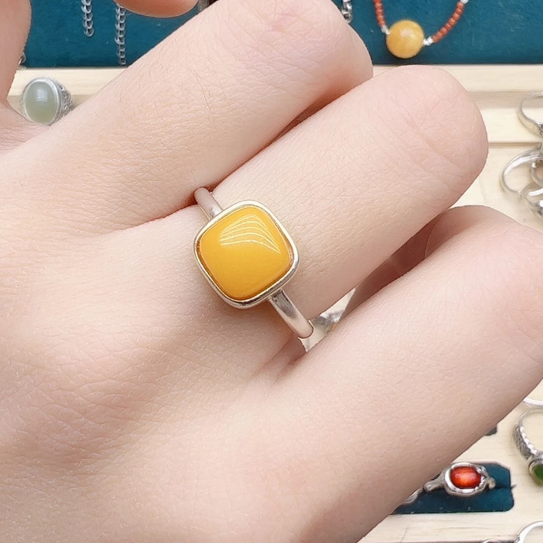 蜜蜡戒指银S925镶嵌天然