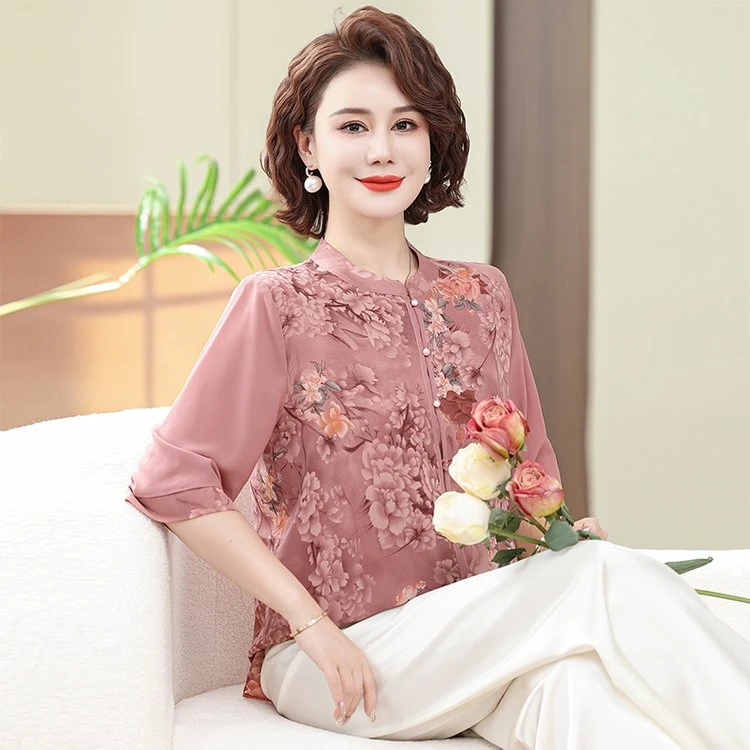 妈妈夏装洋气t恤小衫女大码新款中老年女装国风中袖雪纺衬衫上衣