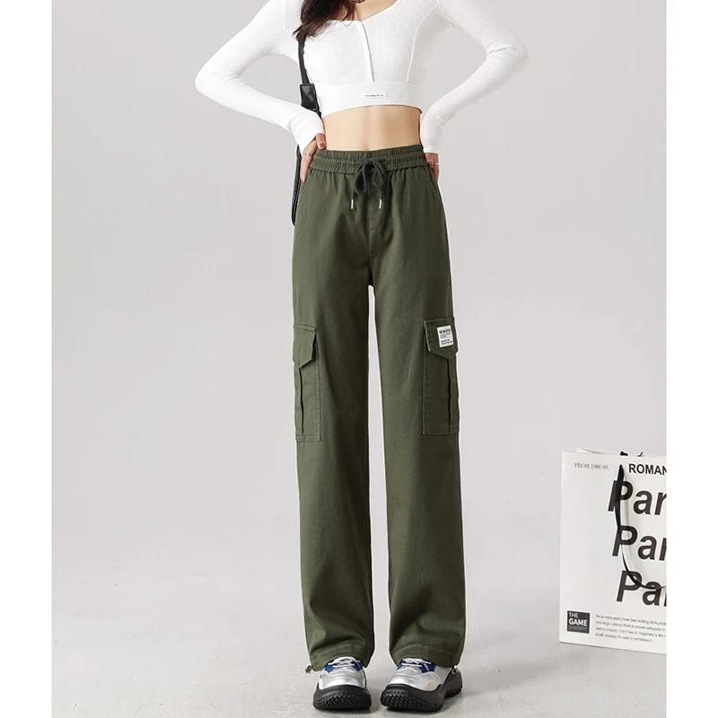 军绿色工装裤女春秋两穿哈伦2025新款弹力高腰百搭加长宽松直筒裤