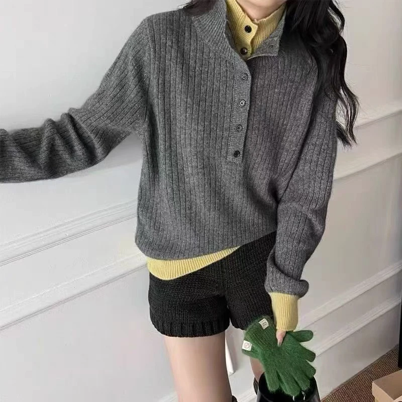 【心依阁铭品】6685撞色纽扣套头针织衫原创设计