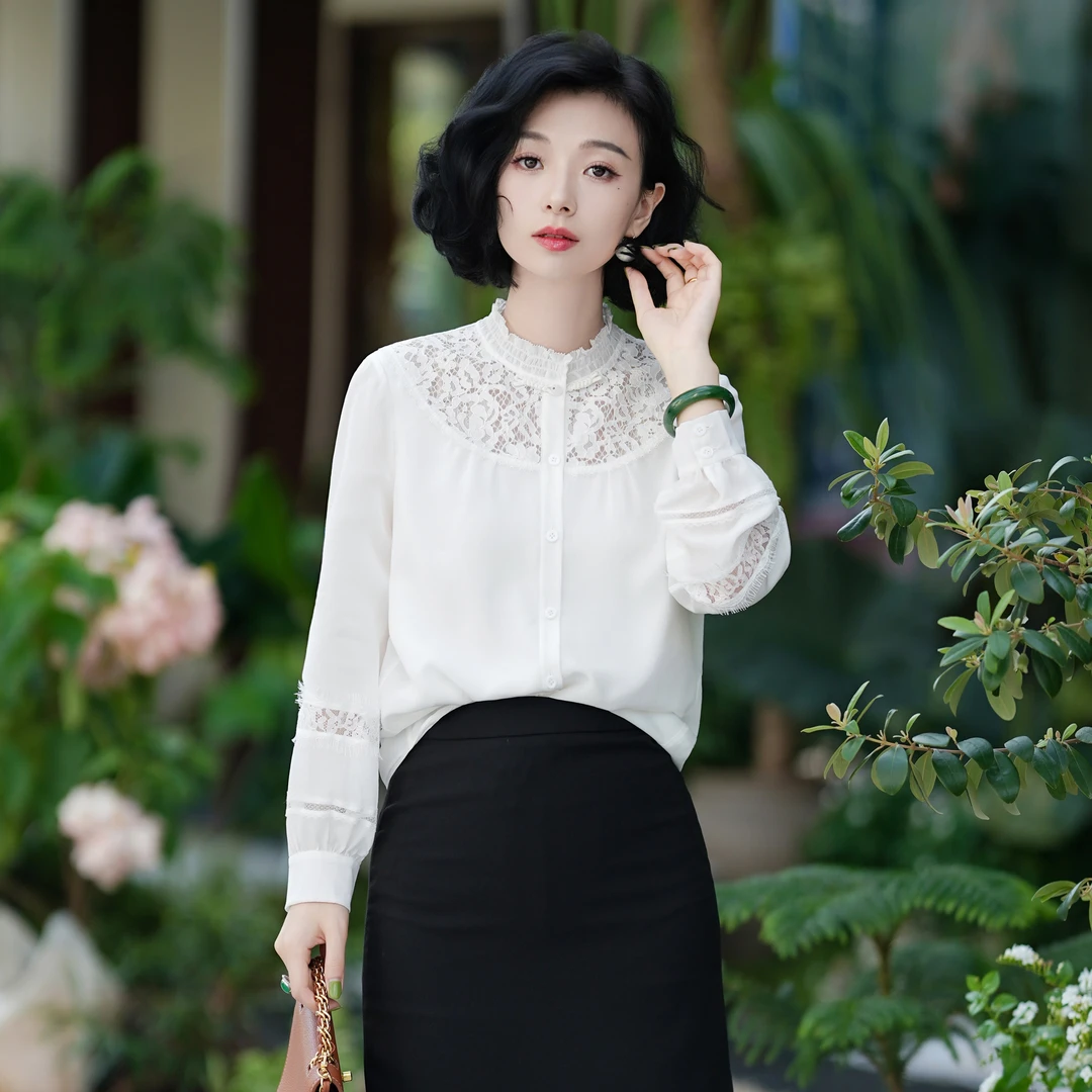 西子/【月笼白纱】高级桑蚕丝拼接蕾丝白色上衣/SYYF168