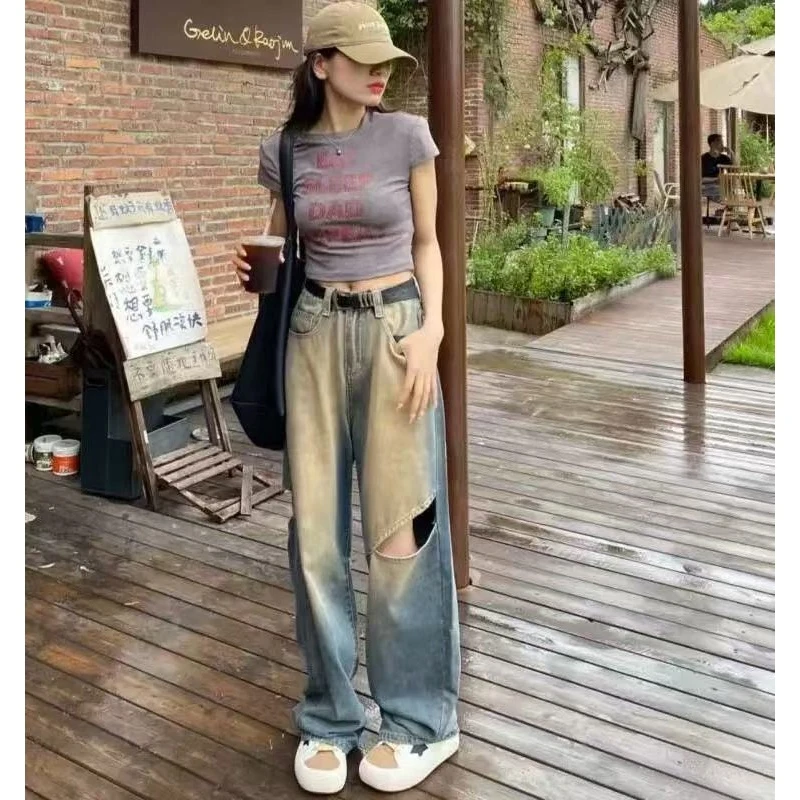 8693 破洞牛仔裤女宽松直筒阔腿显瘦美式夏季韩版百搭裤 128