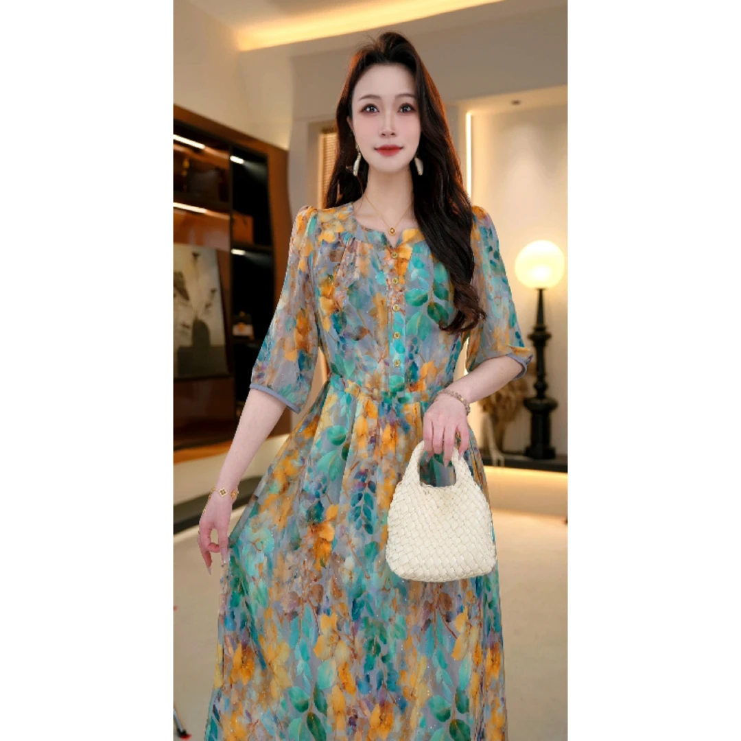 锦卉凝霞连衣裙高贵显瘦新款夏季中年妈妈装法式中长款-娜娜