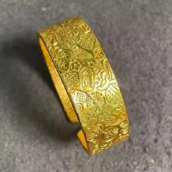 铜合金手镯 吉言手镯手工錾刻吉祥结宫廷风仿真百福镯子国潮