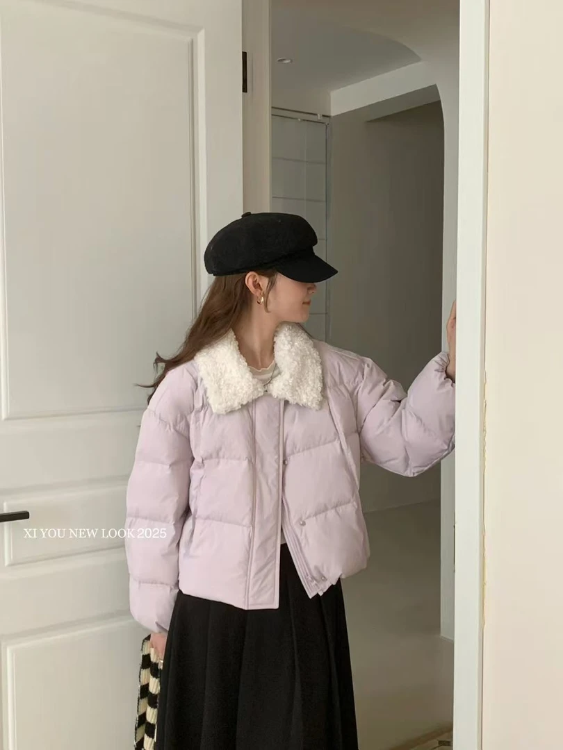 韩系小个子翻领拼接羽绒服女25冬季短款百搭设计感保暖纯色外套潮