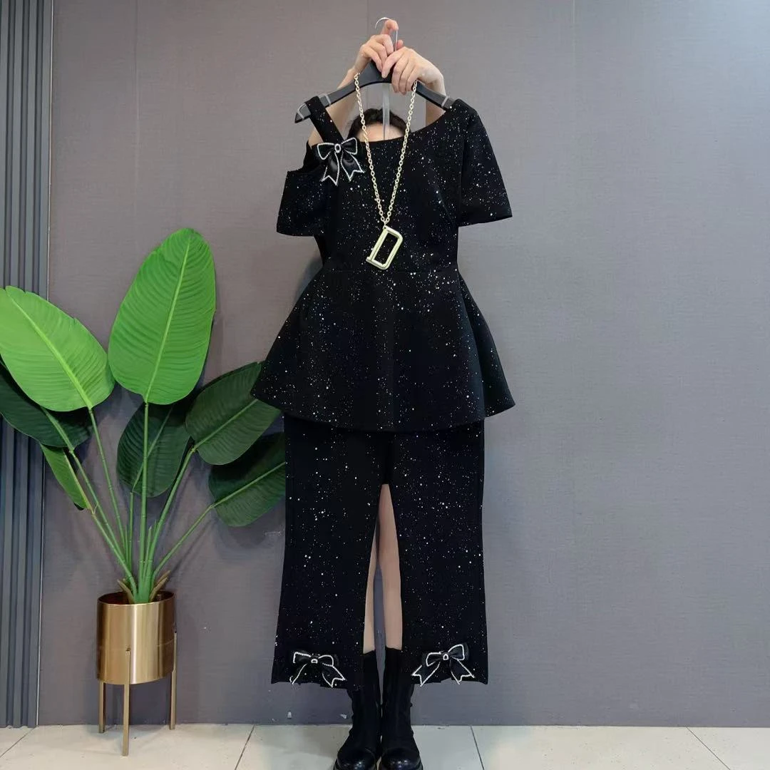 胖妹妹大码夏季新款时尚套装女韩版蝴蝶结露肩上衣阔腿裤两件套潮