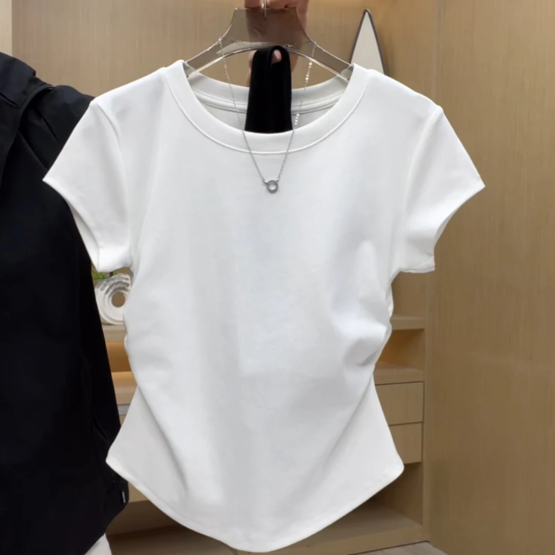 品牌23005圆领褶皱短袖纯色收腰打底T恤显瘦夏季打底衫修身不规则
