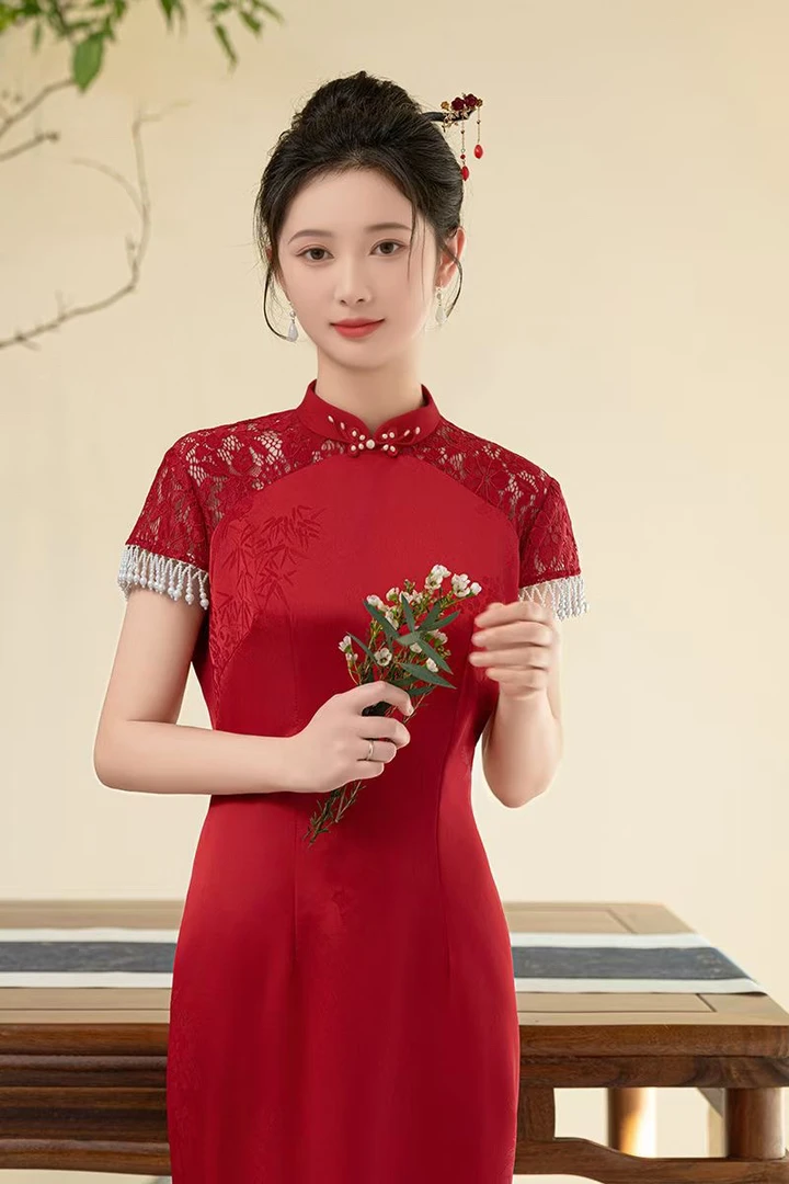 红色流苏新中式旗袍新娘敬酒礼服订婚回门衣长120