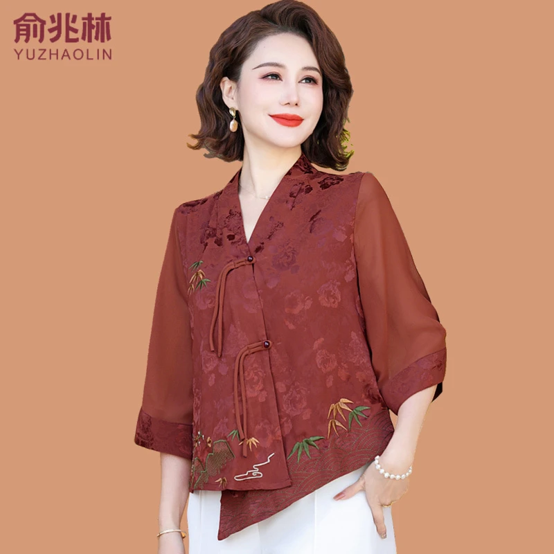 俞兆林新中式仿香云纱衬衫外套春夏新款妈妈唐装中袖女上衣七分袖