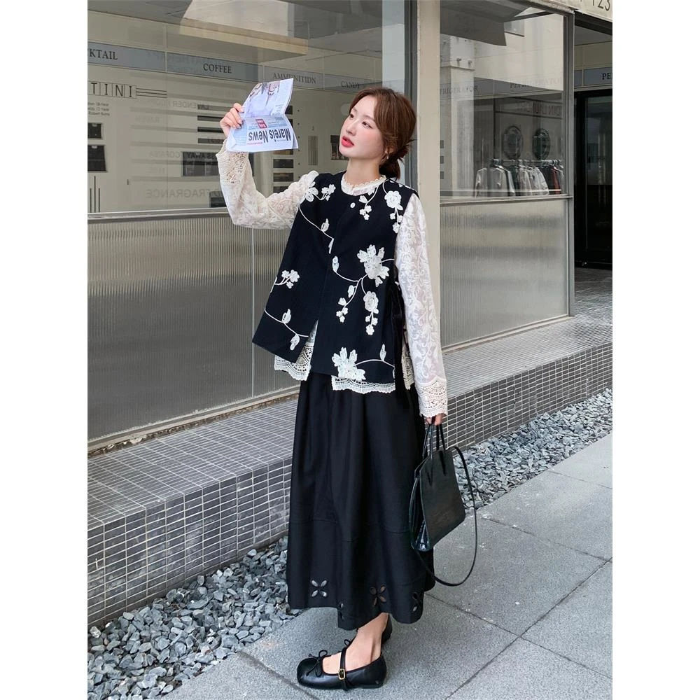 黑色复古绝美洋气巨好看马甲套装裙女2025秋季新款半身长裙两件套