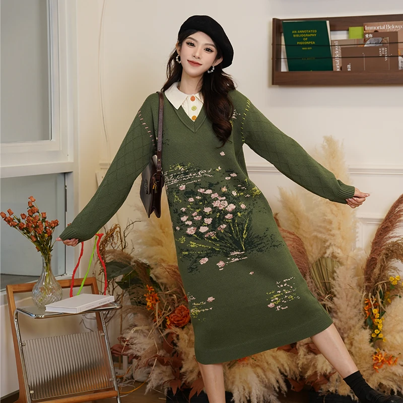 两三事梵高文艺绿野追忆 花卉图案假两件毛衣连衣裙S24DLY149
