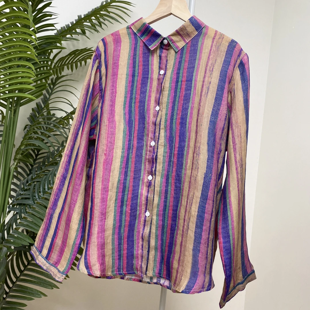 【长袖粉紫竖条纹印花苎麻衬衫】3755