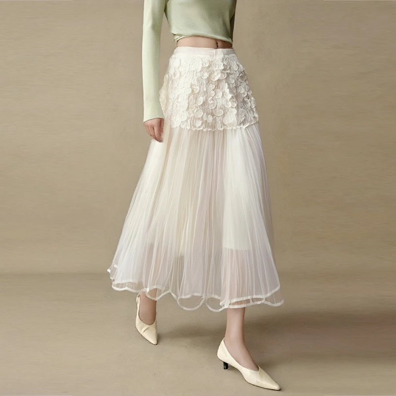 半身裙女高腰显瘦蕾丝高级a字伞裙小个子百褶裙裙子白色立体花朵