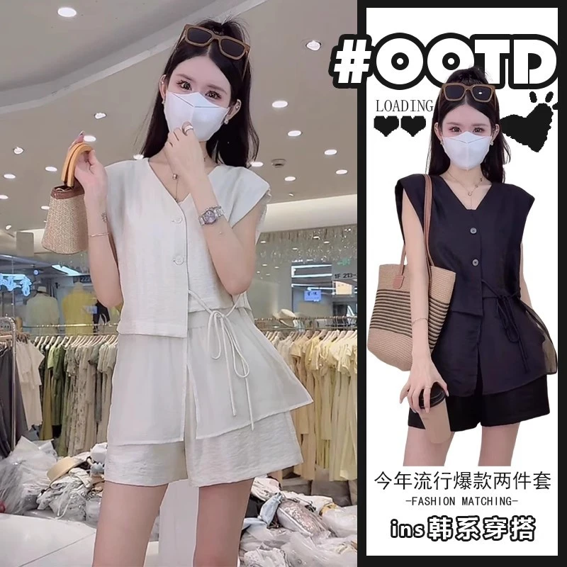 单件/韩版V领绑带无袖拼接上衣短裤装时尚洋气减龄显瘦遮肉女潮流