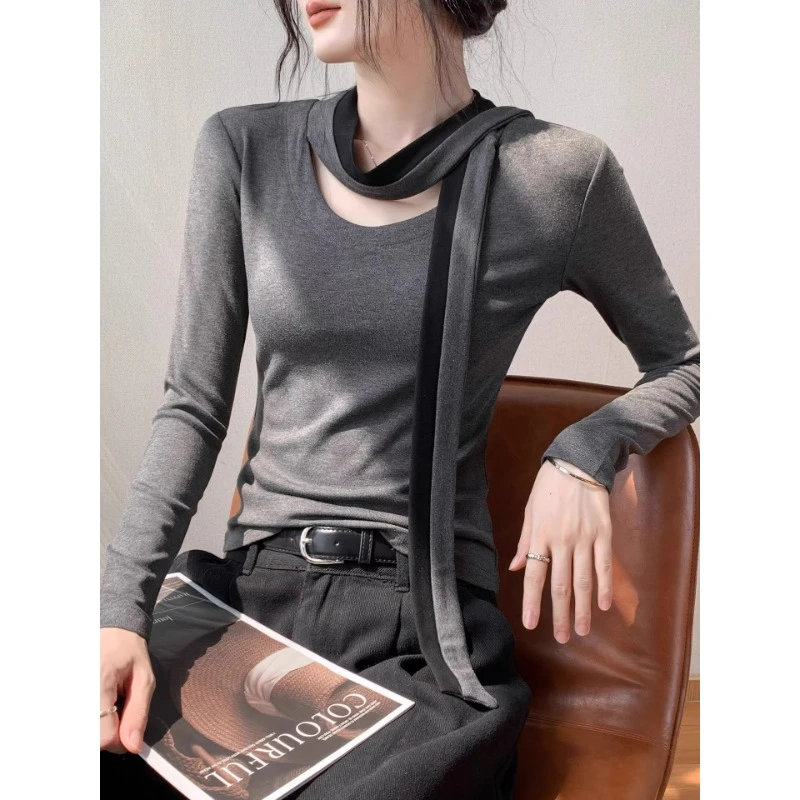 法式飘带领内磨毛长袖T恤女秋季新款修身显瘦高级感气质内搭上衣