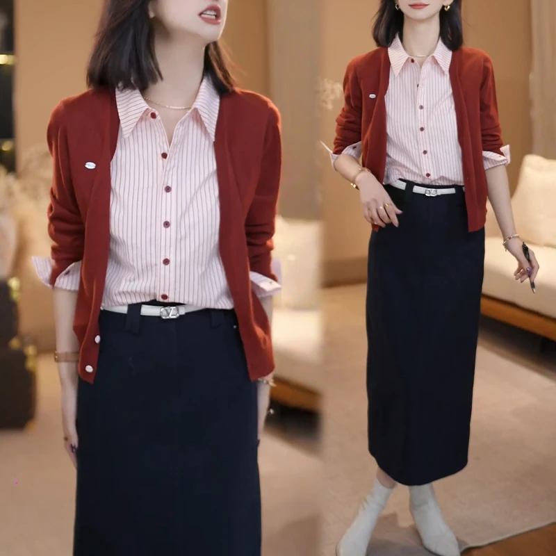 纯欲慵懒风气质套装女2026春秋新款假两件长袖针织衫半身裙两件套