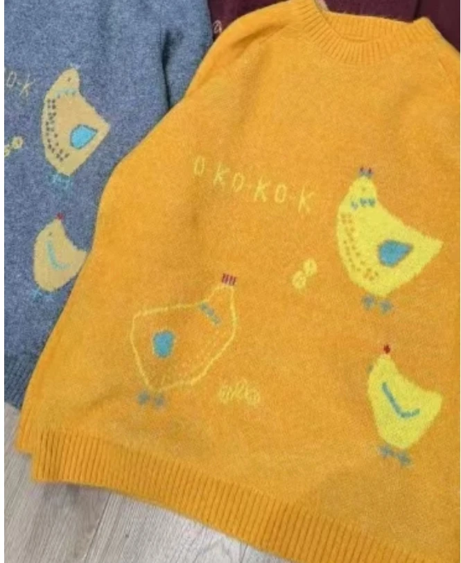 法式复古软糯慵懒风高级感超好看针织衫减龄黄色卡通圆领毛衣女冬