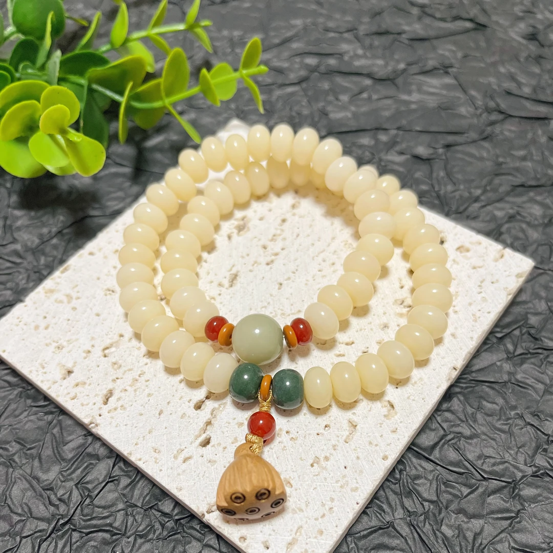 钛钢琉璃手链 3223奶豆白双圈桃莲蓬双圈手串