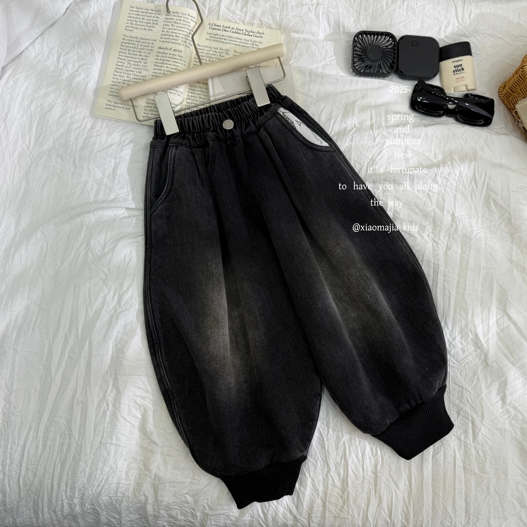 02N小马家2025冬款儿童加厚糕糕绒休闲牛仔裤7163松紧脚口裤