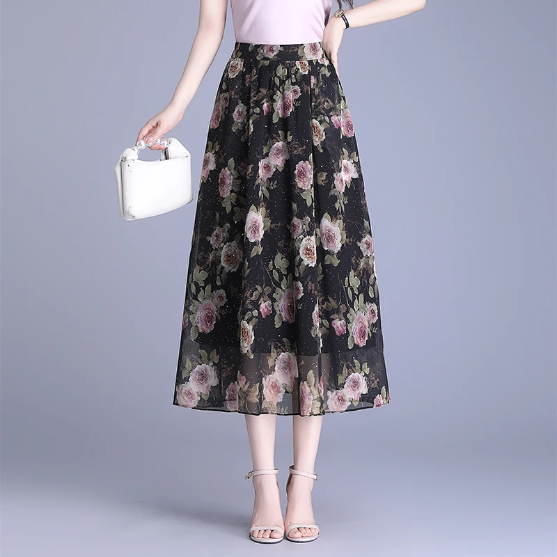 印花烫钻雪纺垂坠感半身裙洋气妈妈裙子高腰a字大摆裙百搭长裙夏