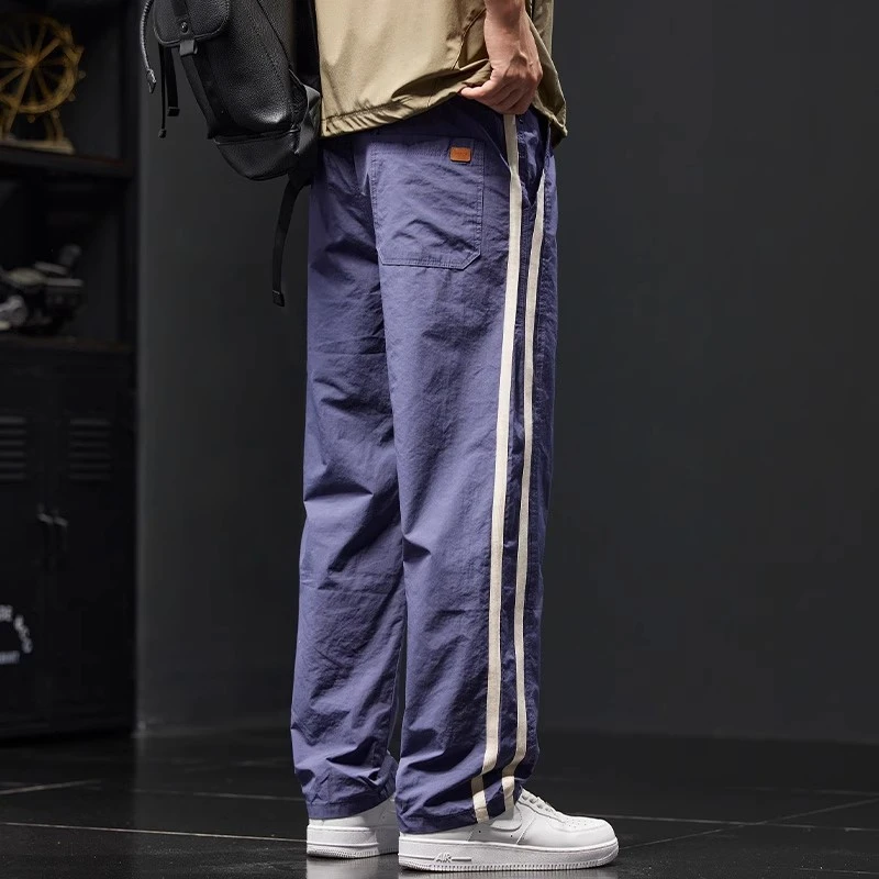 Cebrodz夏季薄款侧边条纹运动休闲裤男美式潮牌直筒宽松速干长裤