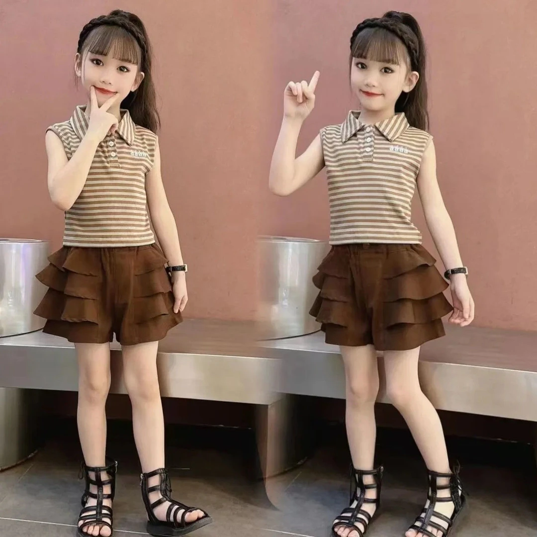 女童套装夏季洋气新款2025儿童条纹上衣短袖裙裤中大童两件套夏装