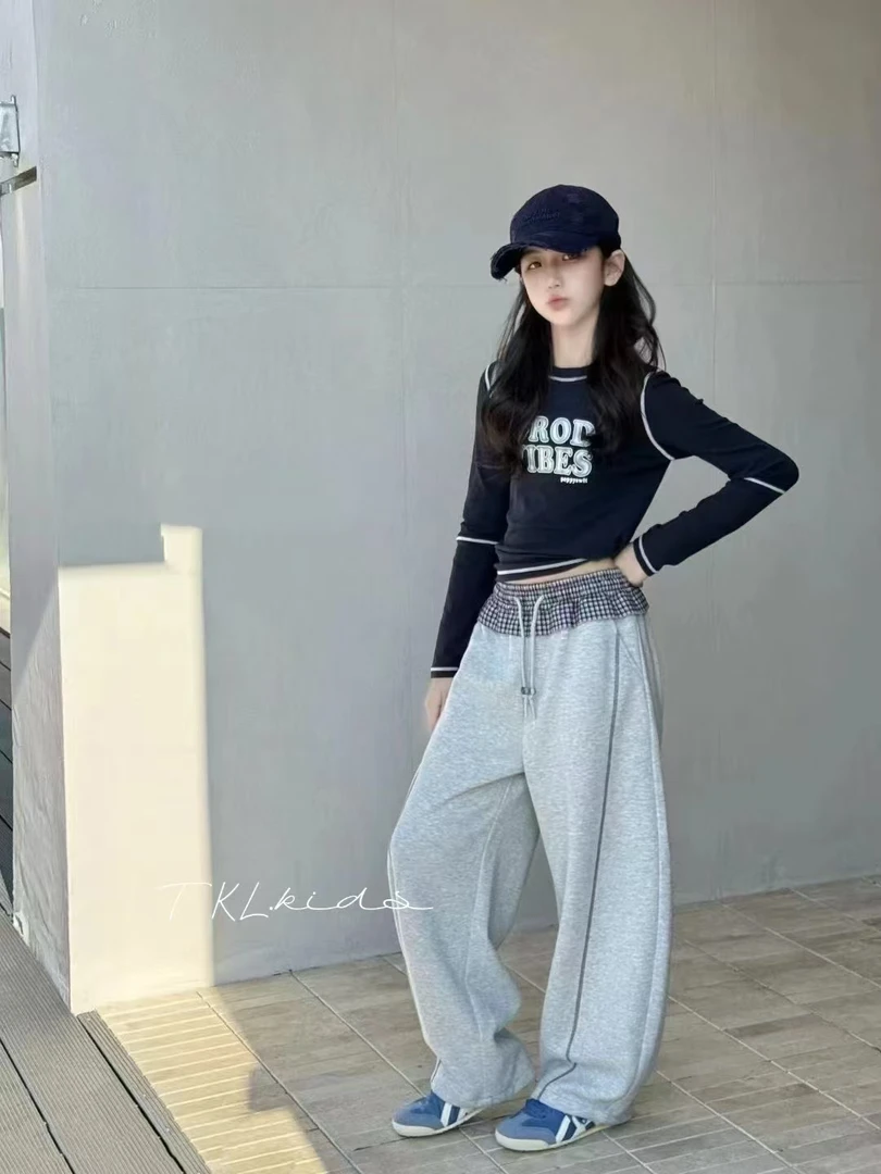 5330秋款黑白格纹花边拼腰明线蝴蝶结休闲裤