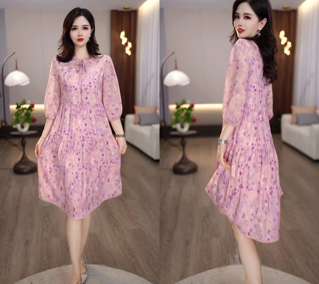 2025秋款宽松碎花波点气质清甜温柔清新浪漫中长款连衣裙M-4XL