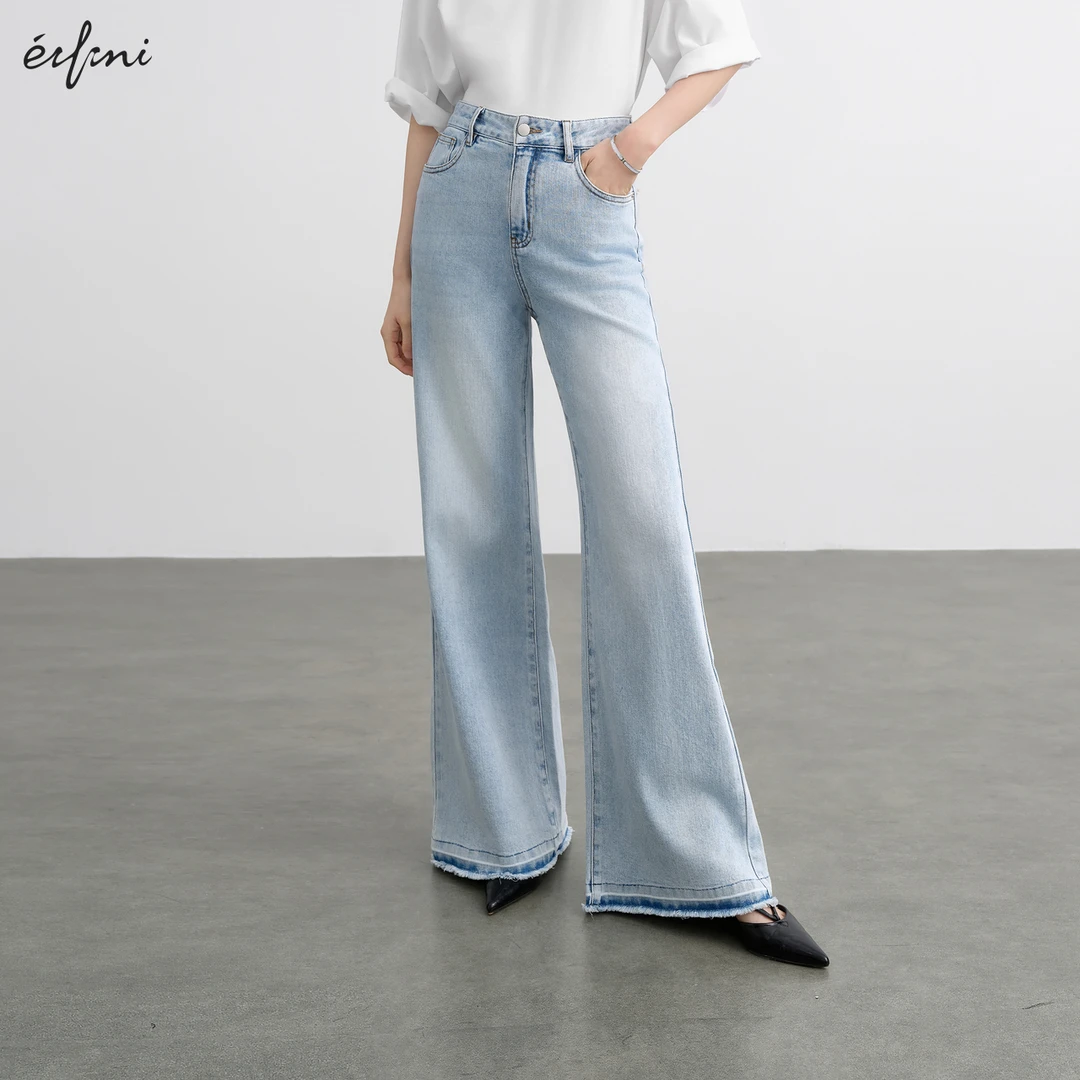 伊芙丽复古棉感柔软牛仔裤女装25夏季脚口毛边直筒长裤1G4951401