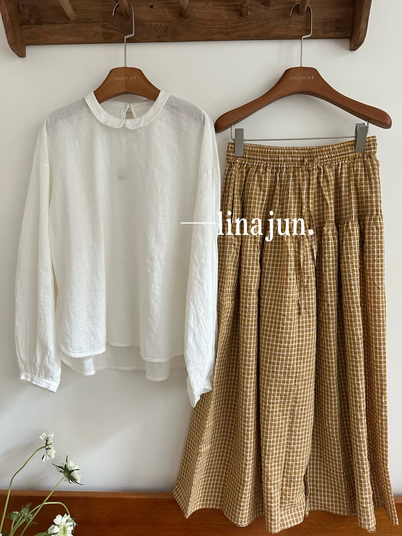 4.29秋棠夏季新款小翻领衬衫轻薄格纹松紧腰裙裤