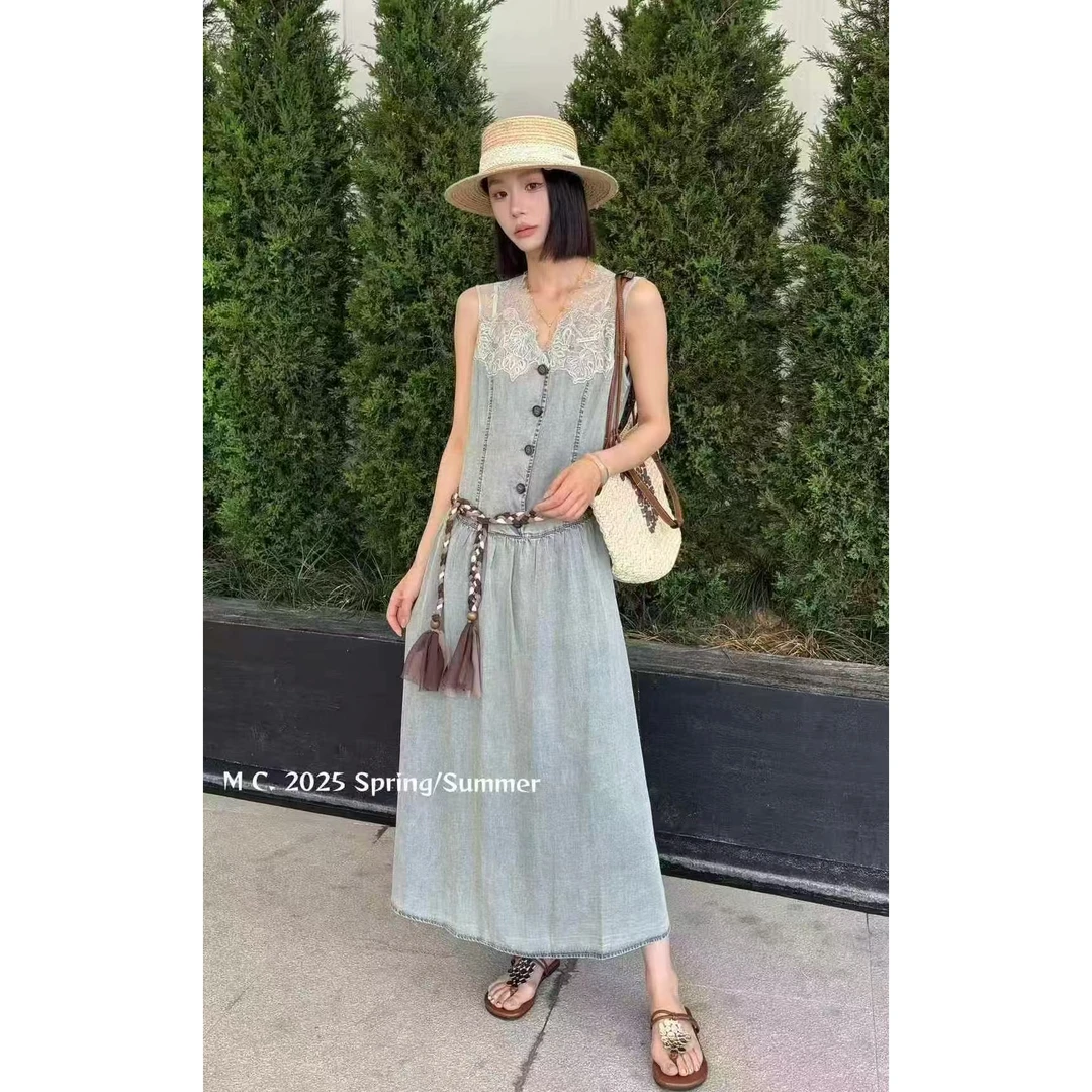 KIKI严选：3746-XXQ家欧货南油夏季蕾丝拼接收腰轻奢牛仔连衣裙