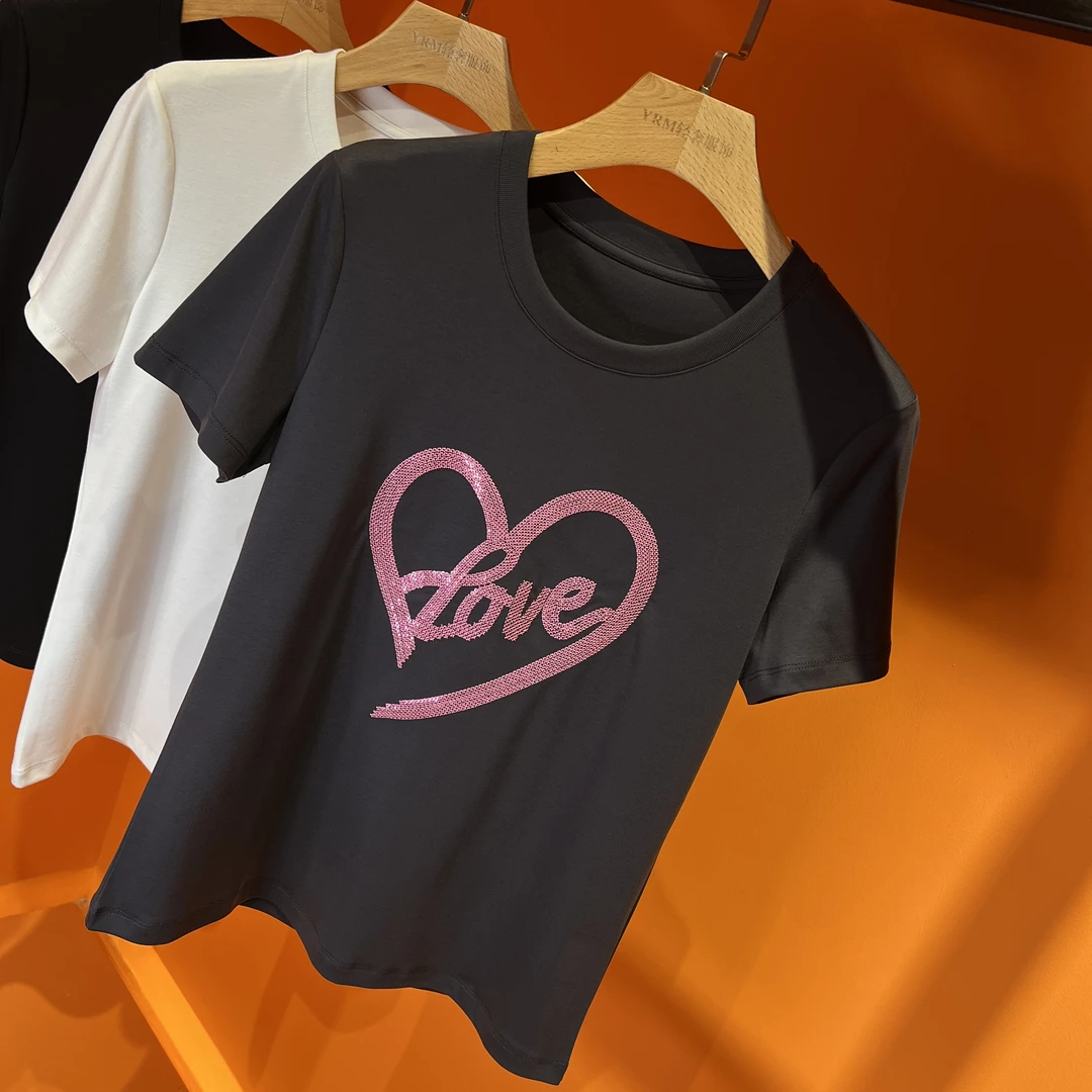 短袖t恤衫2025夏装轻奢大码女装爱心刺绣胖MM宽松显瘦天丝冰感棉