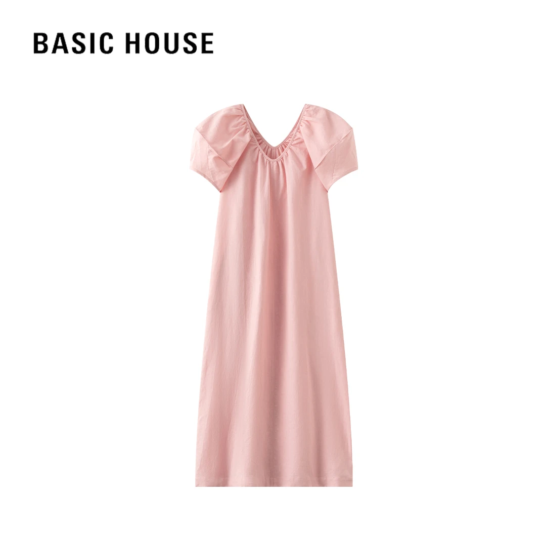 Basic House/百家好夏季时尚气质甜美薄款法式简约宽松纯色连衣裙