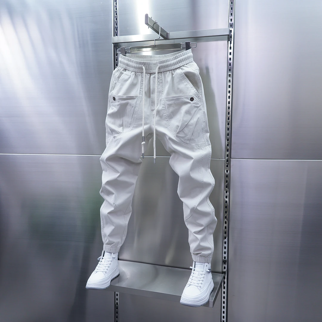 2025潮流男士新款大口袋休闲裤纯色弹力百搭小脚裤春夏束脚哈伦裤