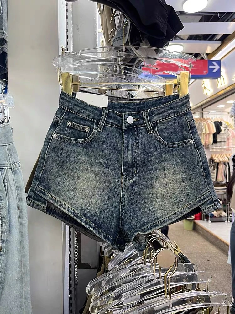 夏季新款牛仔短裤女前短后长辣妹热裤纯欲风弹力高腰阔腿裤子