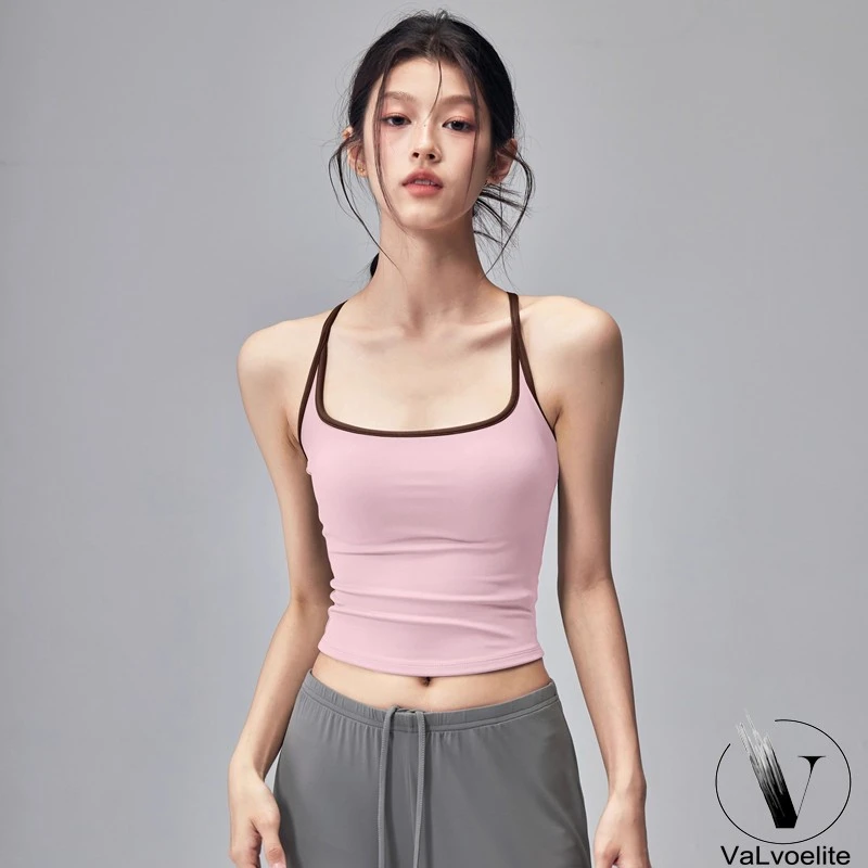 FTHJ美背吊带瑜伽服背心带固定胸垫防震运动内衣拼色普拉提文胸新