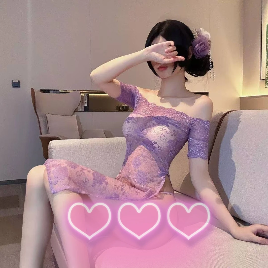 紫色透视蕾丝旗袍睡裙性感约会法式修身长款纯欲一字肩显瘦夏季