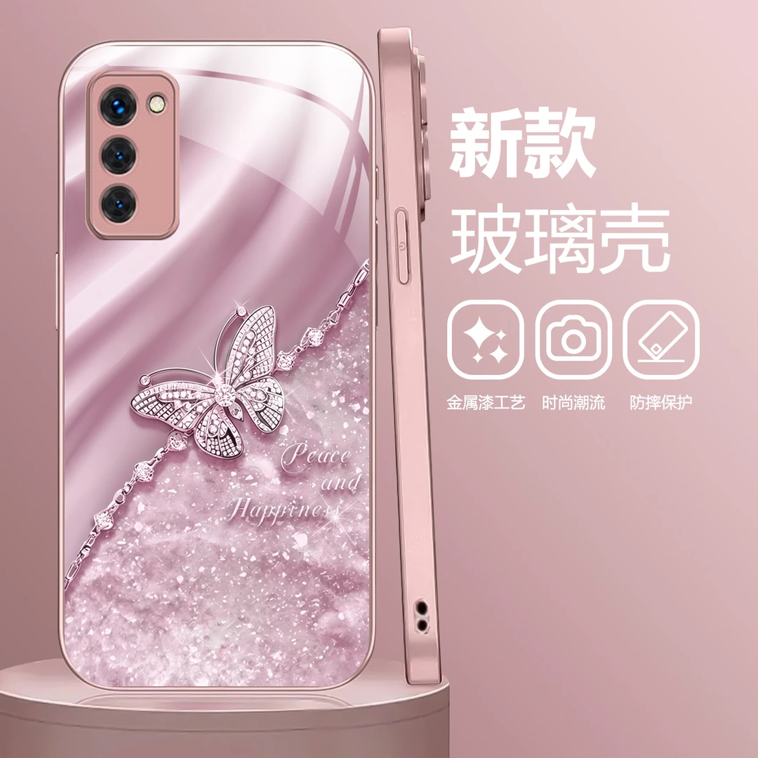 适用于OPPO A55 蝴蝶纹液态玻璃手机壳 小众高级感 全包防摔刮