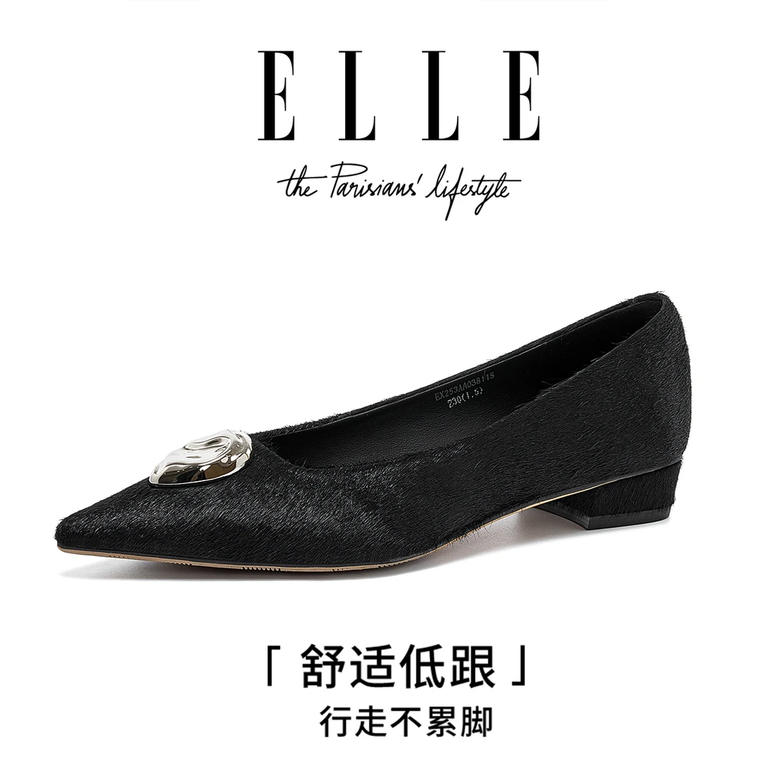 ELLE晚晚风温柔鞋尖头平底鞋2025新款女鞋通勤黑色粗跟一脚蹬单鞋